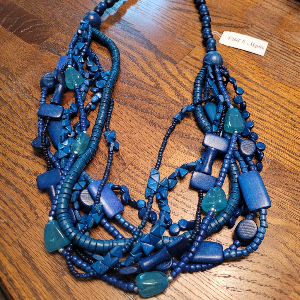 New Blue Wooden Beaded Necklace With Matching Earrings